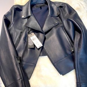 NWT BCBG navy blue leather motorcycle jacket size medium